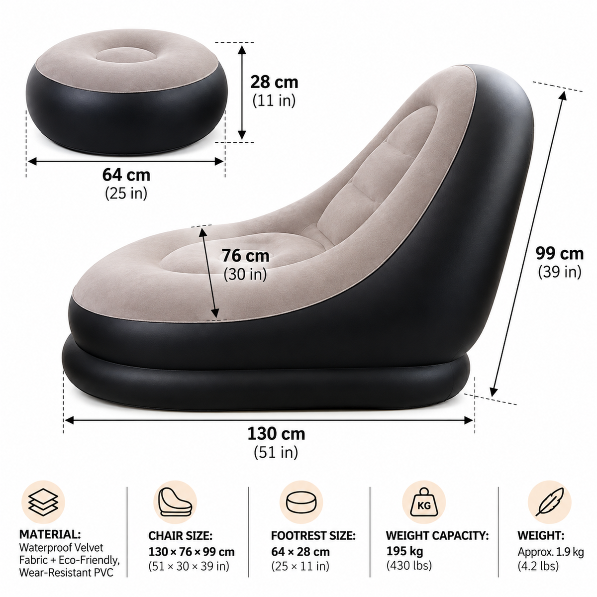 ☁️ Ultra-Comfort 3-in-1 Inflatable Lounge Chair with Footrest & Air Pump