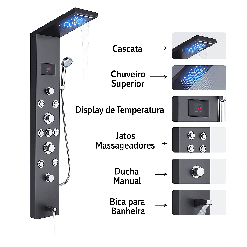 Ducha Vertical Com Hidro Cascata Led Visor Inox Spa Trust
