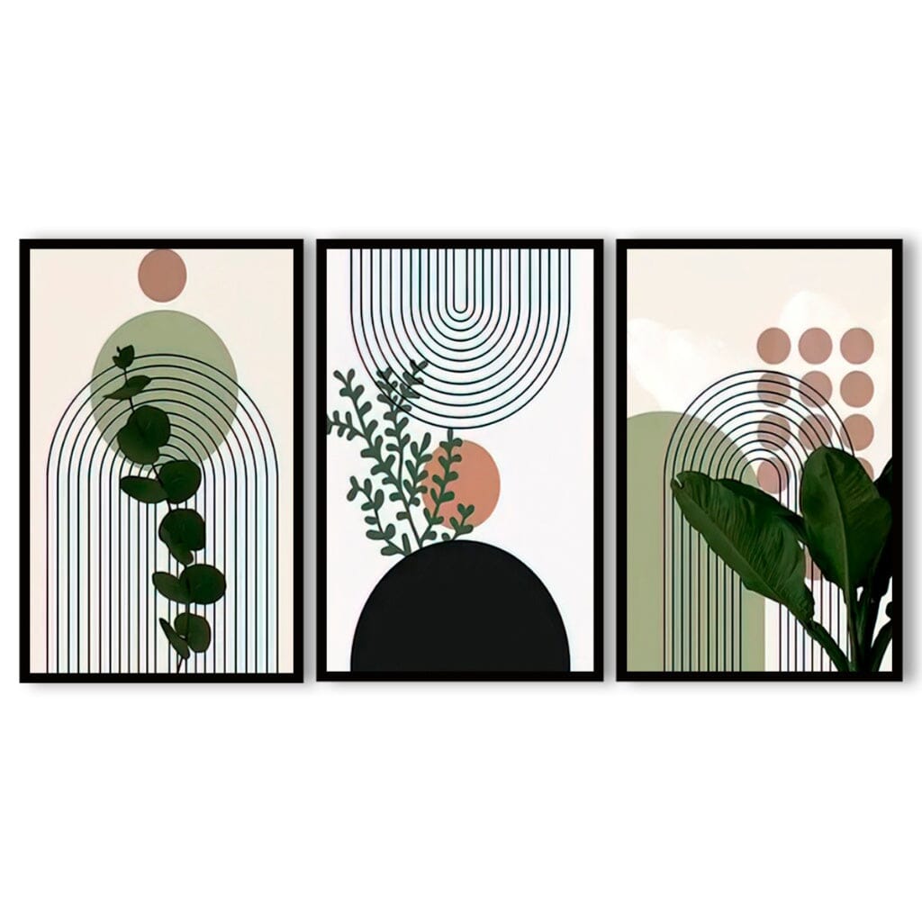 Kit 3 Quadros Decorativos Para Sala Folhagem Neutras Folhas Coloridas Moldura Luxo