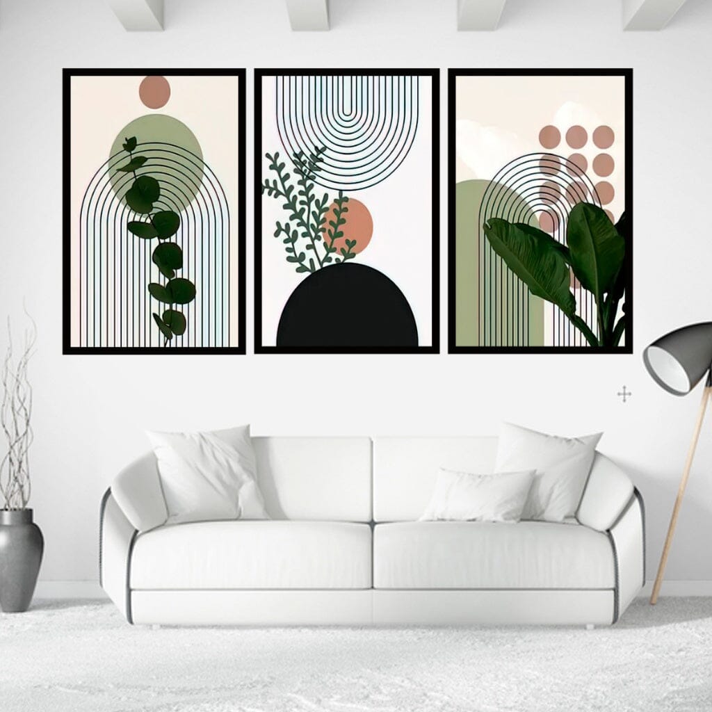 Kit 3 Quadros Decorativos Para Sala Folhagem Neutras Folhas Coloridas Moldura Luxo