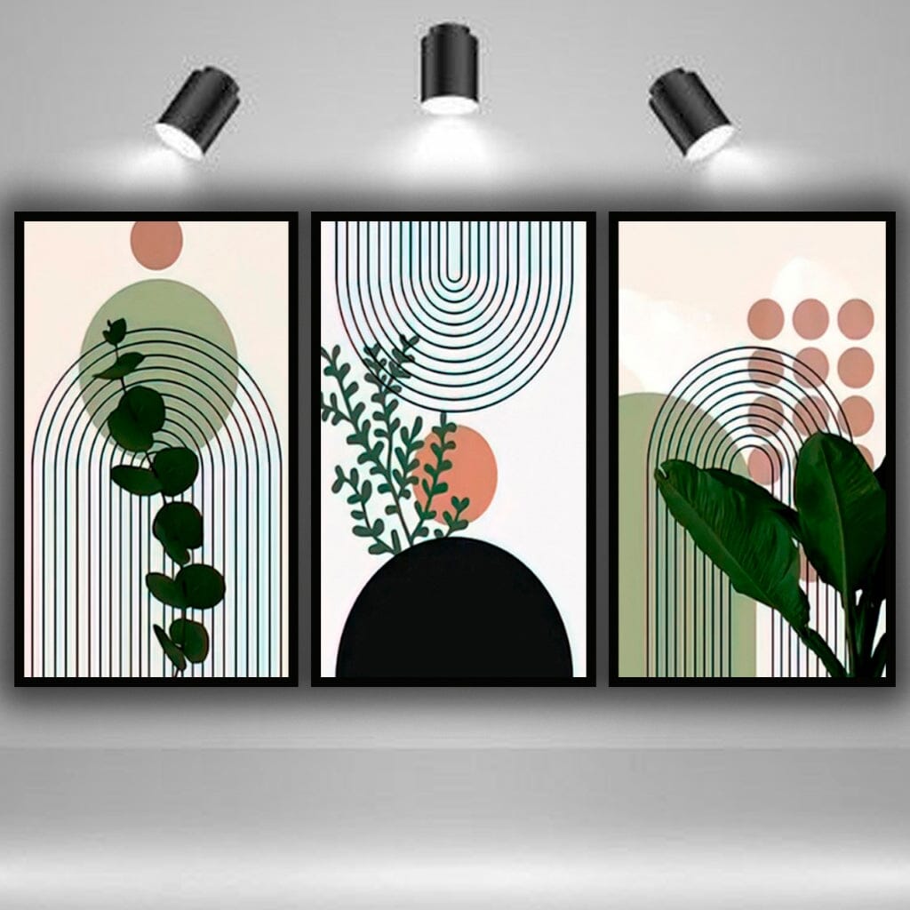 Kit 3 Quadros Decorativos Para Sala Folhagem Neutras Folhas Coloridas Moldura Luxo