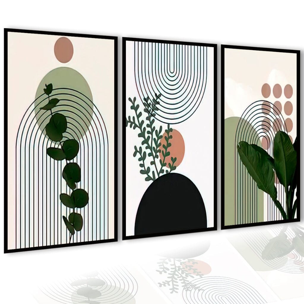 Kit 3 Quadros Decorativos Para Sala Folhagem Neutras Folhas Coloridas Moldura Luxo