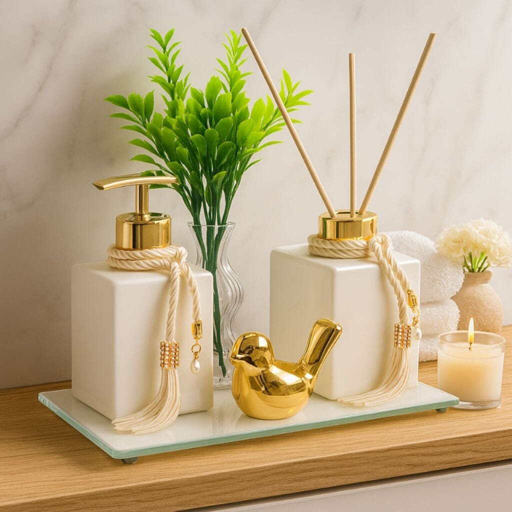 Kit Banheiro Lavabo Groover Difusor Aromatizador e Saboneteira Luxo C/ Bandeja Espelhada