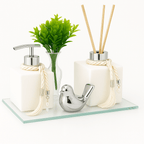 Kit Banheiro Lavabo Groover Difusor Aromatizador e Saboneteira Luxo C/ Bandeja Espelhada