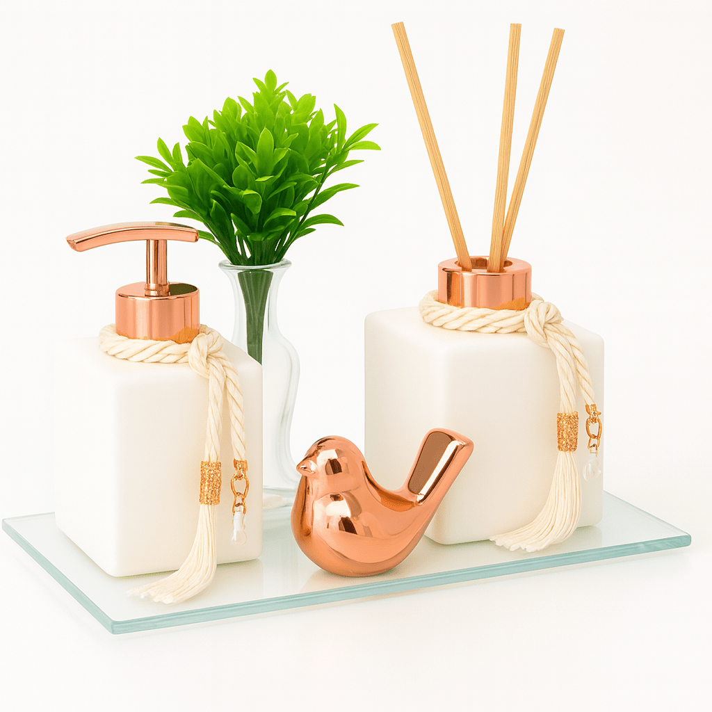 Kit Banheiro Lavabo Groover Difusor Aromatizador e Saboneteira Luxo C/ Bandeja Espelhada