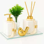 Kit Banheiro Lavabo Groover Difusor Aromatizador e Saboneteira Luxo C/ Bandeja Espelhada