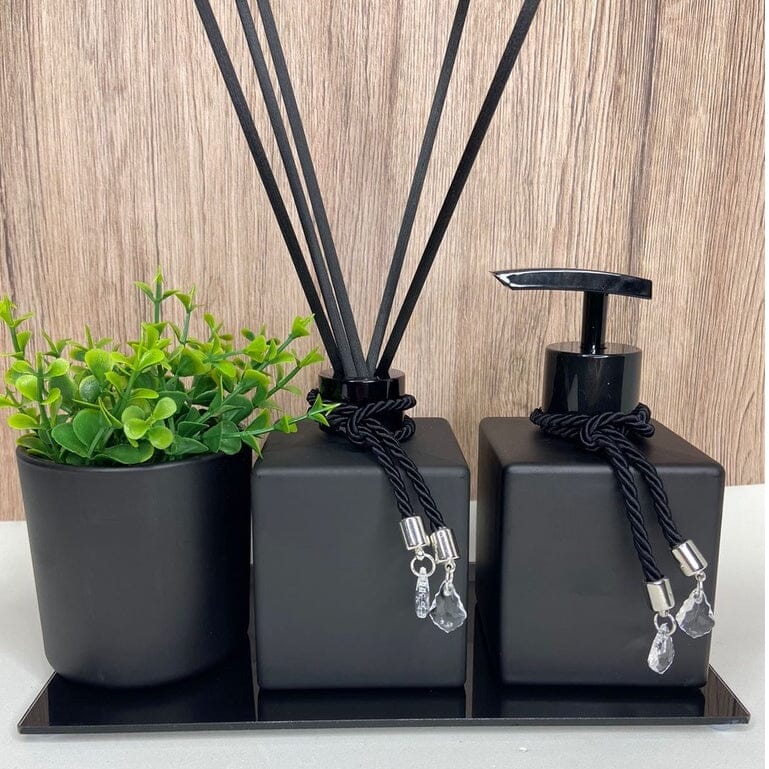 Kit Lavabo/Banheiro Preto - Trooth 4 Peças Bandeja + Pingente + Varetas
