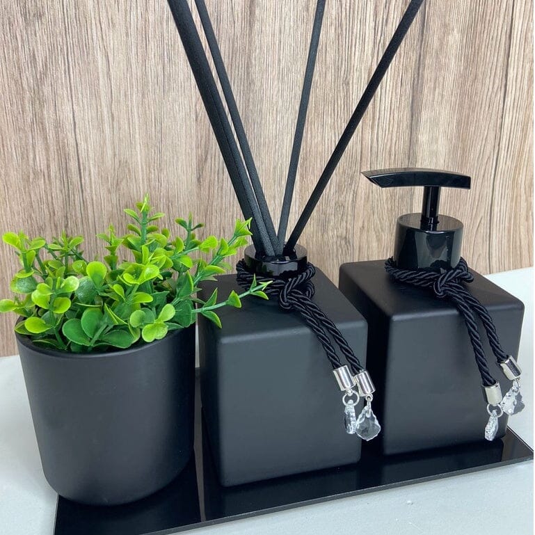 Kit Lavabo/Banheiro Preto - Trooth 4 Peças Bandeja + Pingente + Varetas