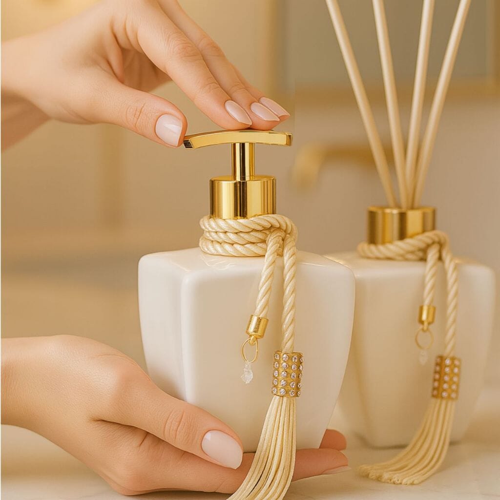 Kit Vidros Lavabo Branco Deluxe C/ Enfeite Difusor E Sabonete