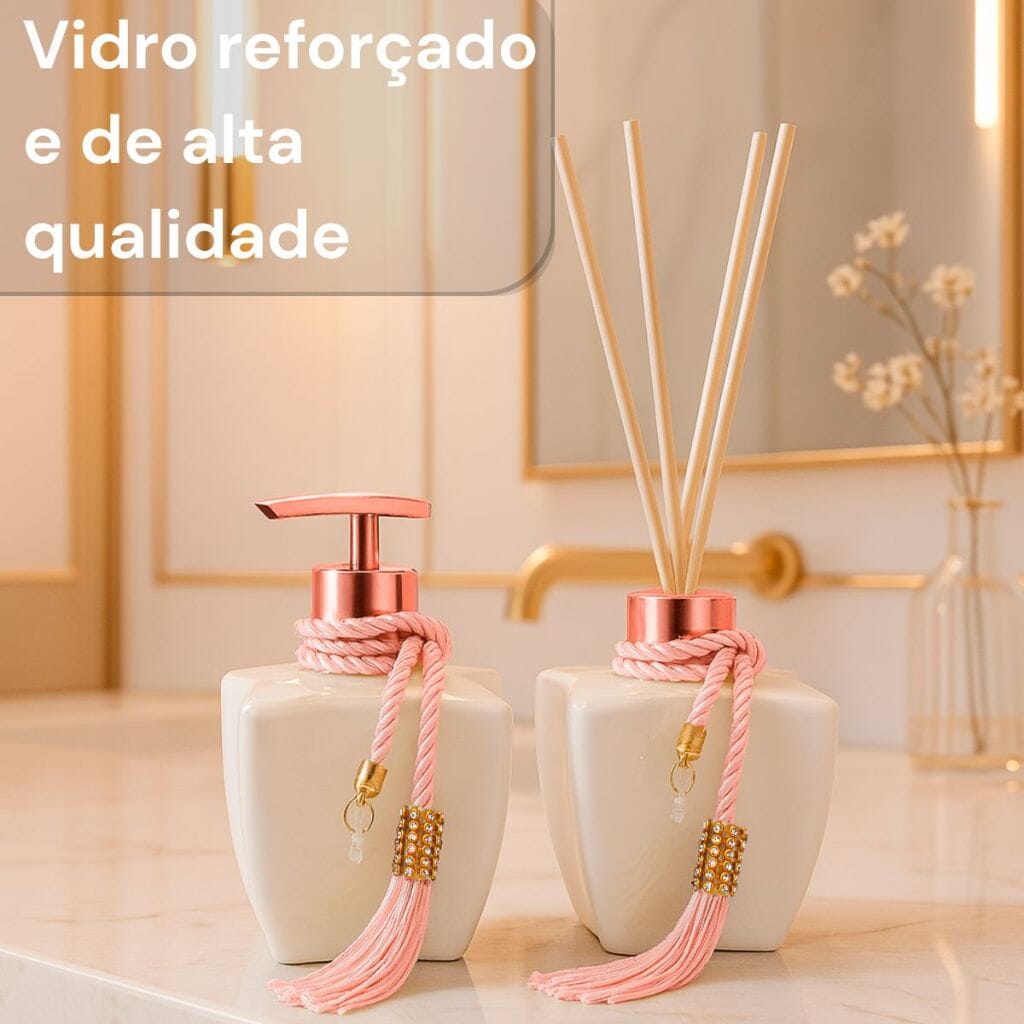 Kit Vidros Lavabo Branco Deluxe C/ Enfeite Difusor E Sabonete