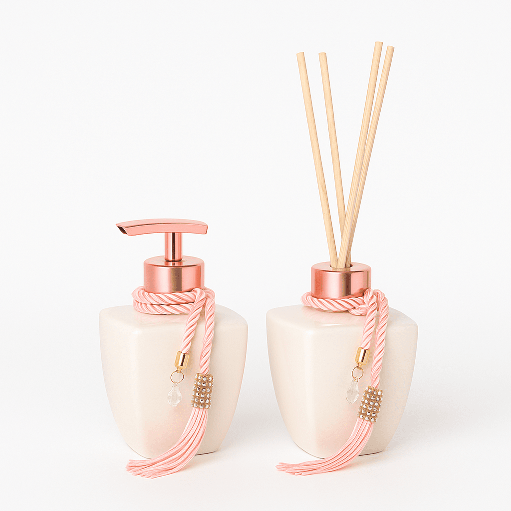 Kit Vidros Lavabo Branco Deluxe C/ Enfeite Difusor E Sabonete
