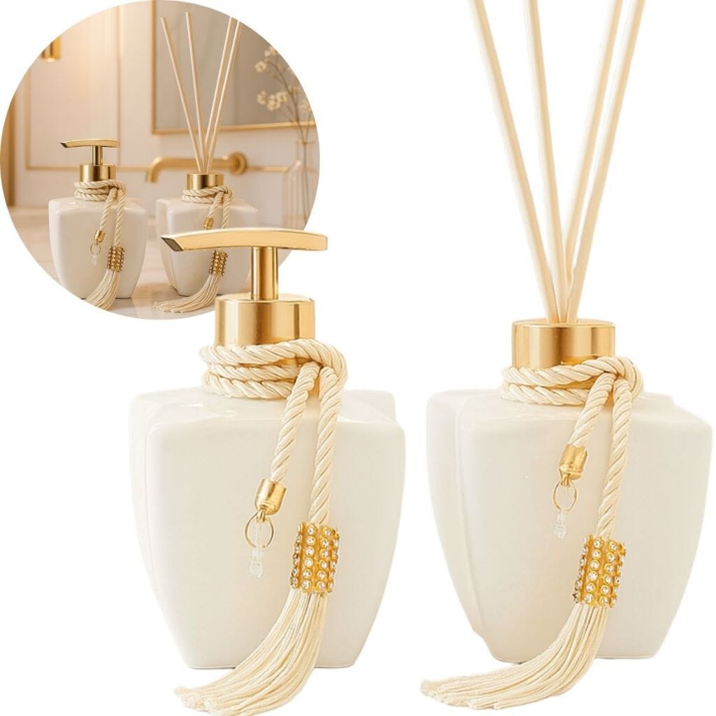 Kit Vidros Lavabo Branco Deluxe C/ Enfeite Difusor E Sabonete