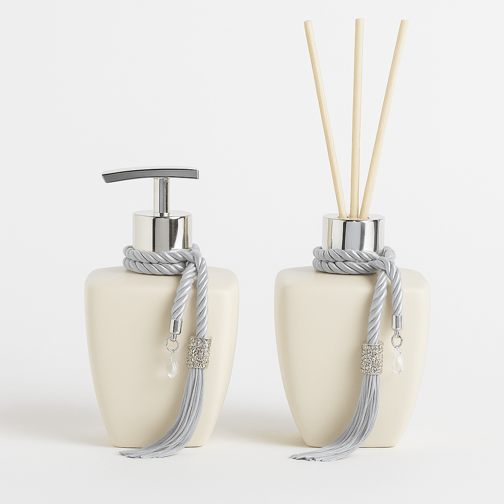 Kit Vidros Lavabo Branco Deluxe C/ Enfeite Difusor E Sabonete