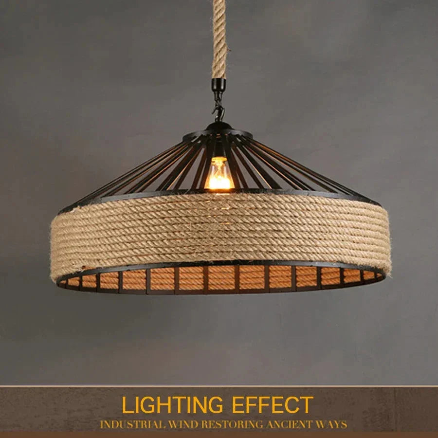 Lustre Pendente Retrô Industrial Corda de Cânhamo Bright