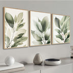 Kit 3 Quadros Decorativos Folhagem Folhas Verdes Com Vidro e Moldura