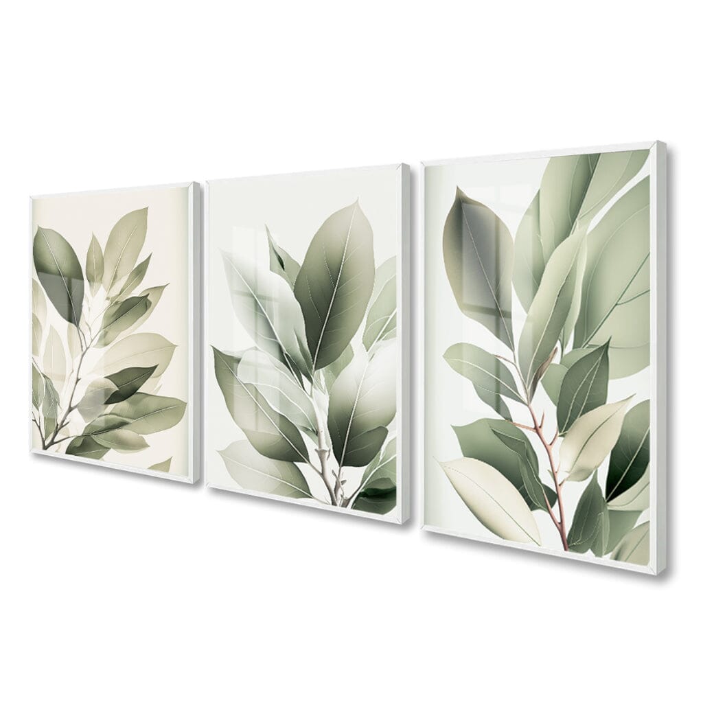 Kit 3 Quadros Decorativos Folhagem Folhas Verdes Com Vidro e Moldura