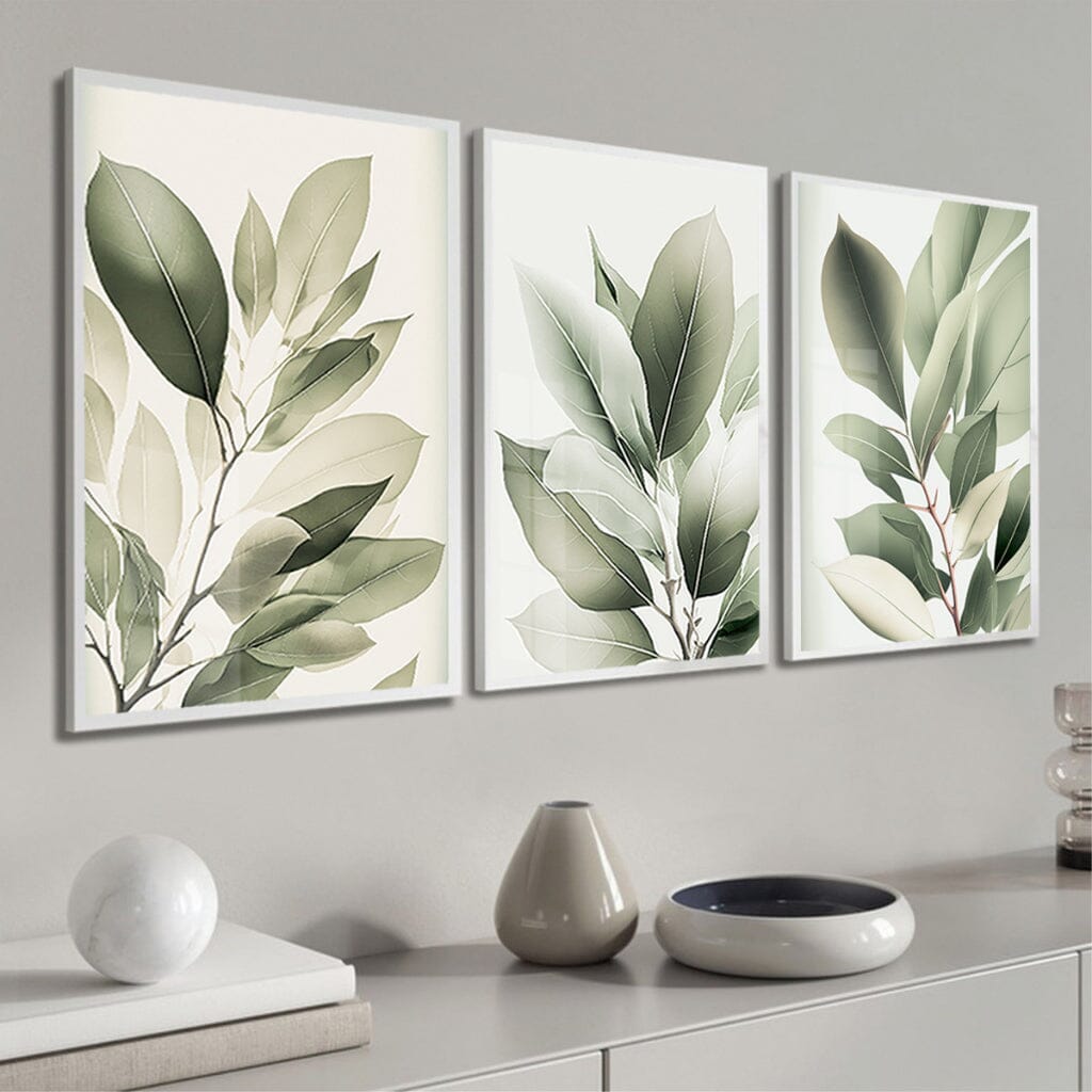 Kit 3 Quadros Decorativos Folhagem Folhas Verdes Com Vidro e Moldura