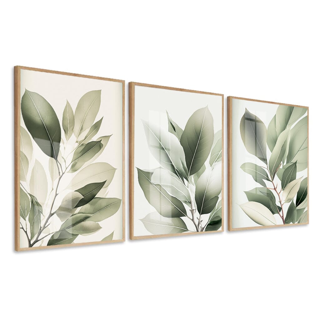Kit 3 Quadros Decorativos Folhagem Folhas Verdes Com Vidro e Moldura