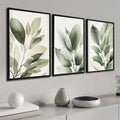 Kit 3 Quadros Decorativos Folhagem Folhas Verdes Com Vidro e Moldura