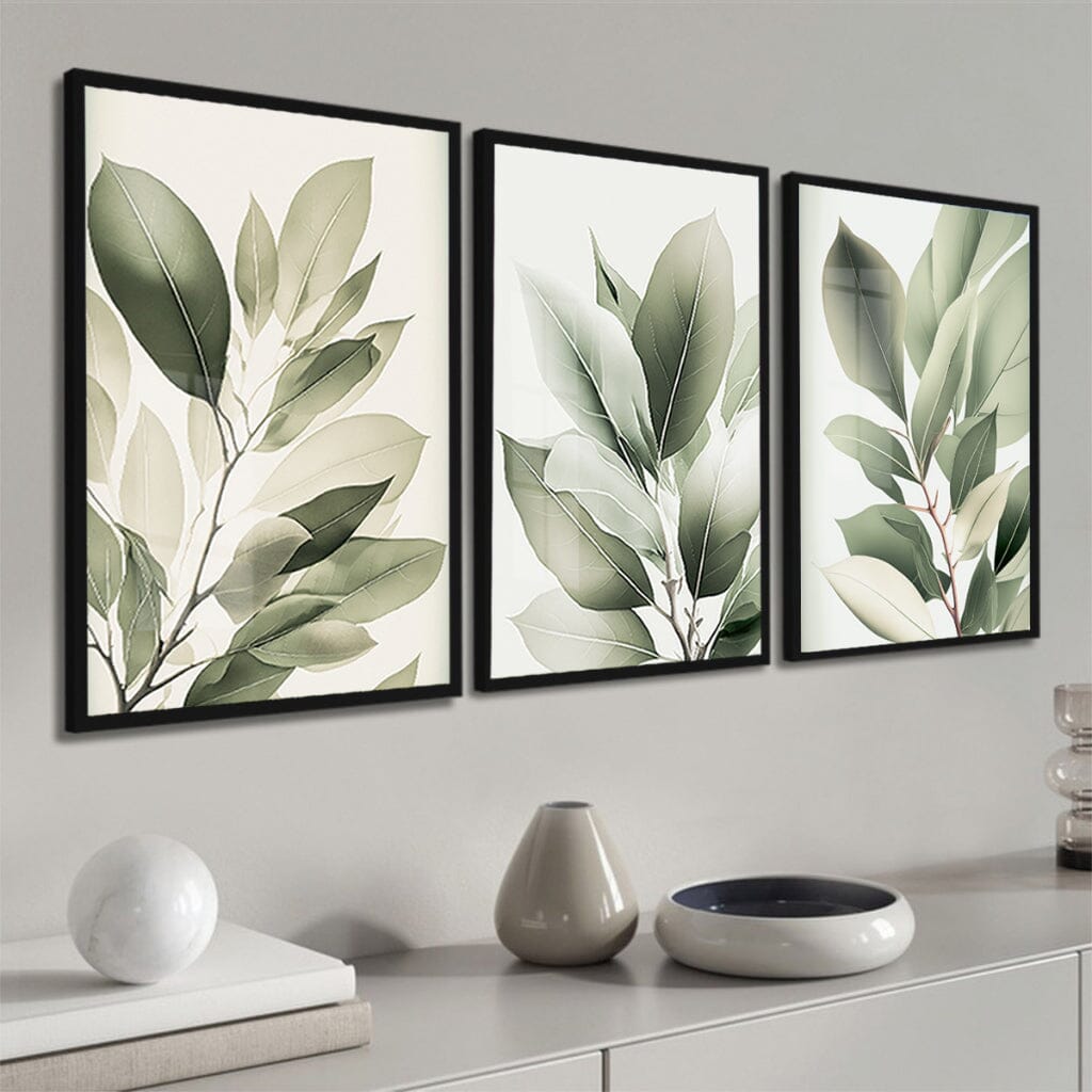 Kit 3 Quadros Decorativos Folhagem Folhas Verdes Com Vidro e Moldura