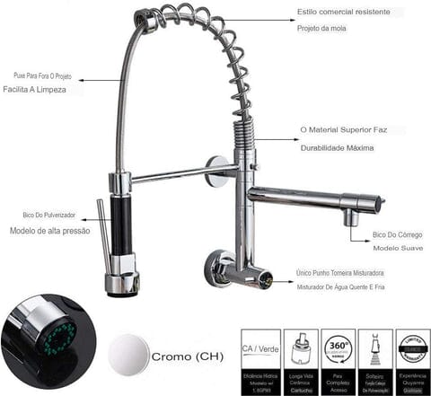Torneira Gourmet Para Cozinha Extensível De Parede Dual Spray Monocomando JassPoll
